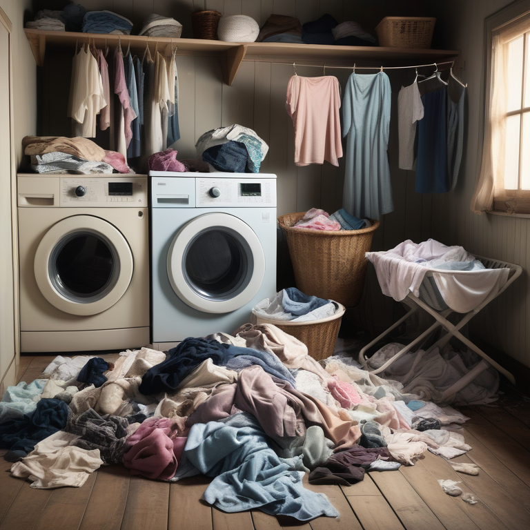 Overfilled washing machine with faded clothes and disarray in a dimly lit laundry room.