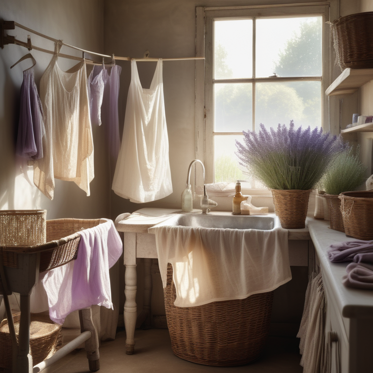 Person carefully handwashing a silk blouse in a sunlit, homey laundry room.