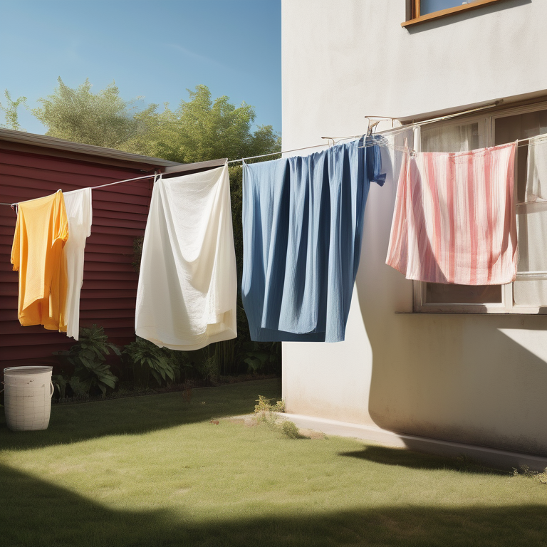 Clothes drying on a line outdoors and on an indoor rack as seen through a window.