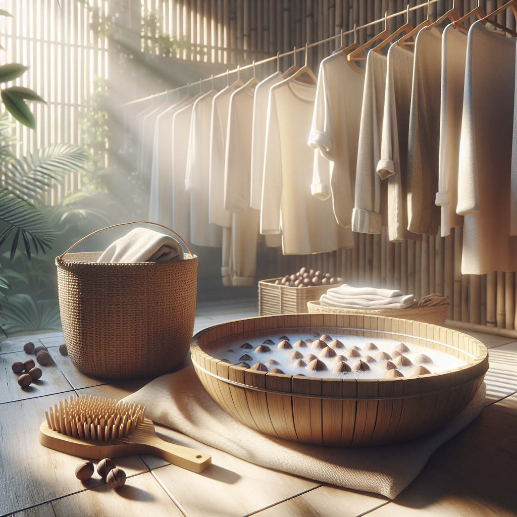 Laundry room with natural light, bamboo washboard, soapnuts in basin, and clothes drying on lines.