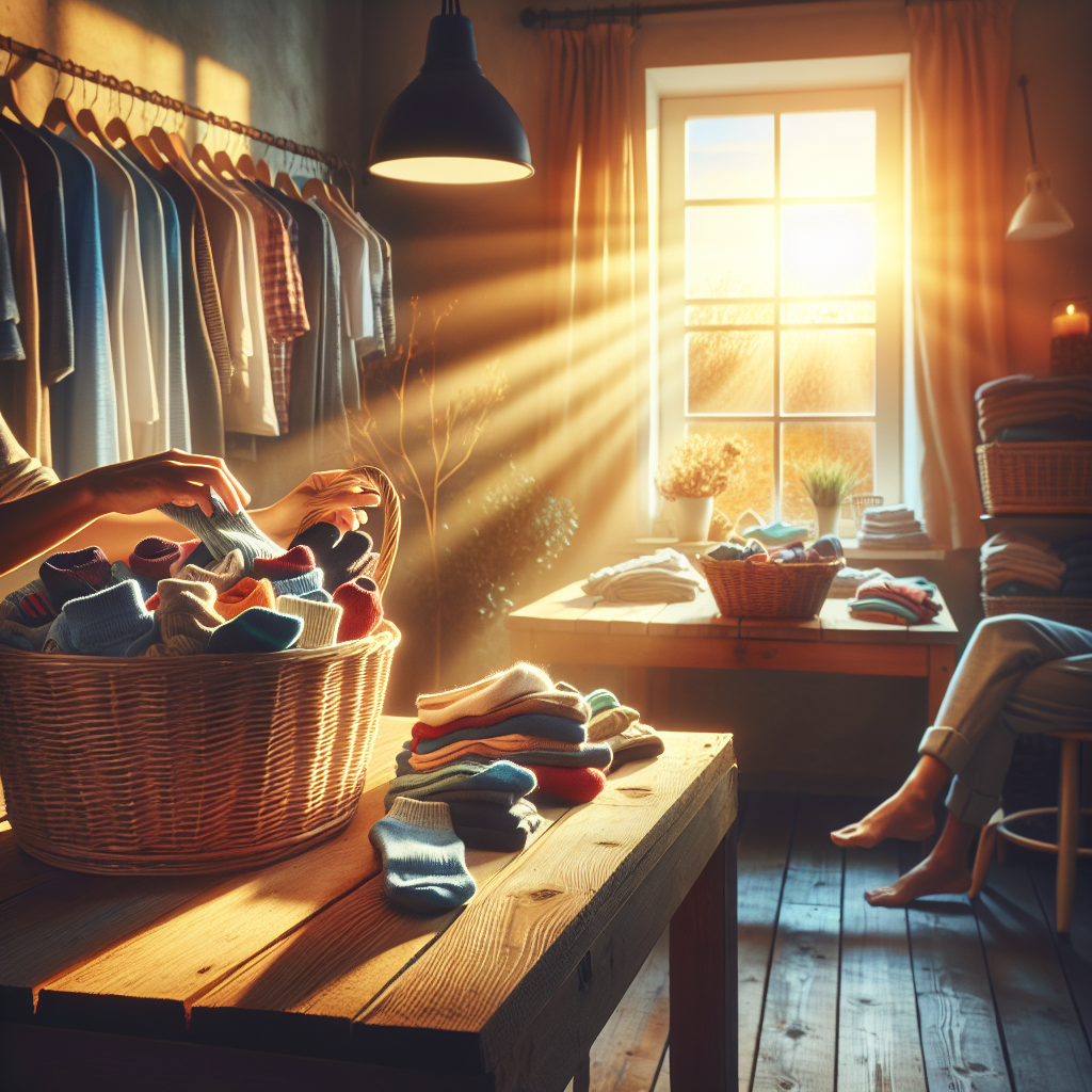 Hands sorting colorful socks from other clothing on a wooden table in a homely laundry room.