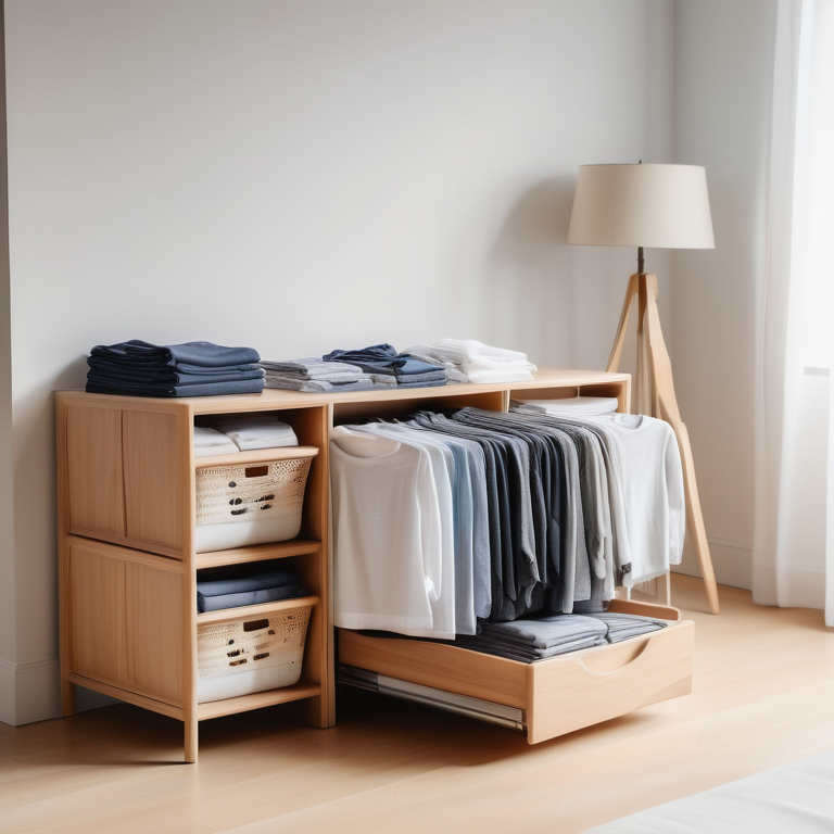 Neatly folded clothes on a table with organized drawers in the background, highlighting precision in clothing organization.