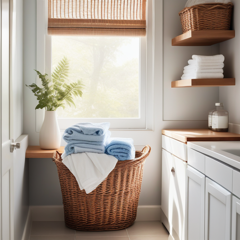 Morning light illuminates a serene laundry room with fabric softener, white towels, and a washing machine.